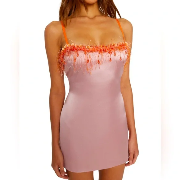 guizio satin beaded mini dress GUIZIO Beaded Mini Dress in Satin Pink